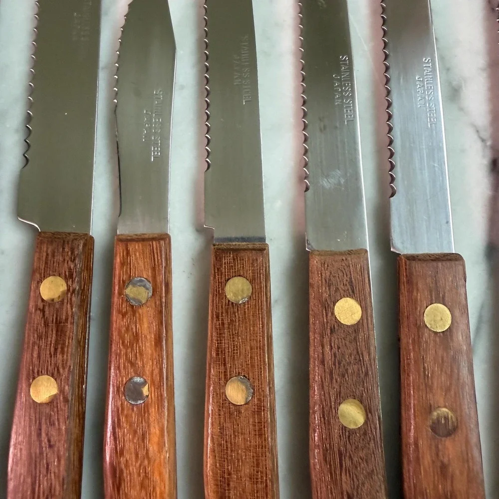 VTG 70s Mid Century Flatware Wood Handle Cutlery Set Japan Carving Knife Fork
